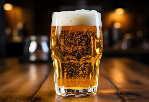 Beer in a glass on a wooden table in a pub or restaurant