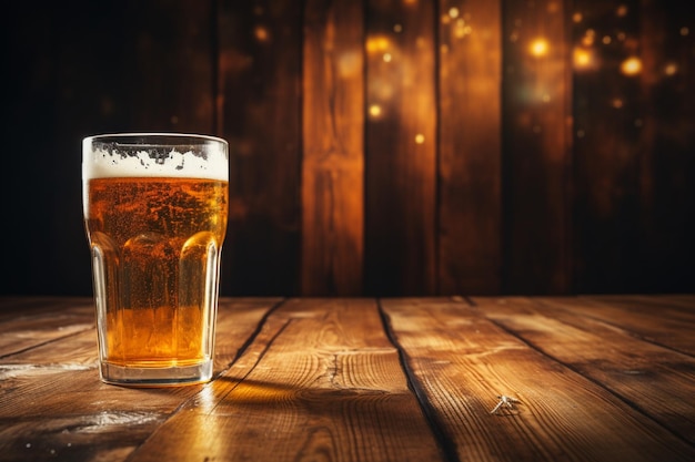 A beer glass on a wooden table