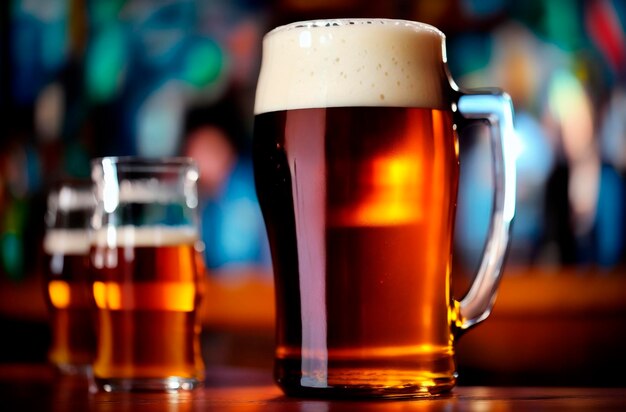 Beer glasses on the bar counter in the bar Selective focus Generative AI