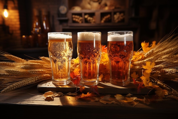 Beer glasses and wheat ears on wooden table in pub Oktoberfest