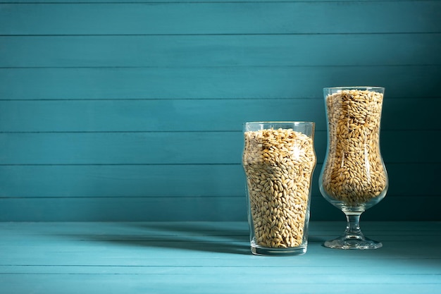 Beer glasses with barley malt on black background Craft beer brewing from grain barley pale malt Homemade ale or lager from pilsner malt