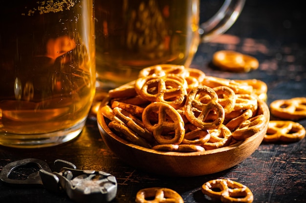 Beer in glasses with salted pretzels