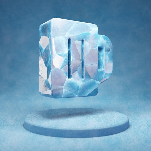 Beer icon. Cracked blue Ice Beer symbol on blue snow podium. Social Media Icon for website, presentation, design template element. 3D render.