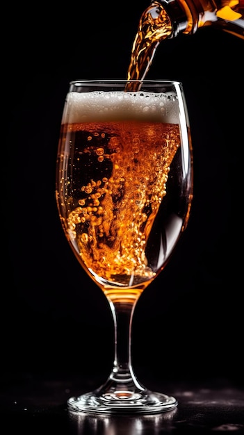 Beer is elegantly poured into a large glass against a dark background Generative AI