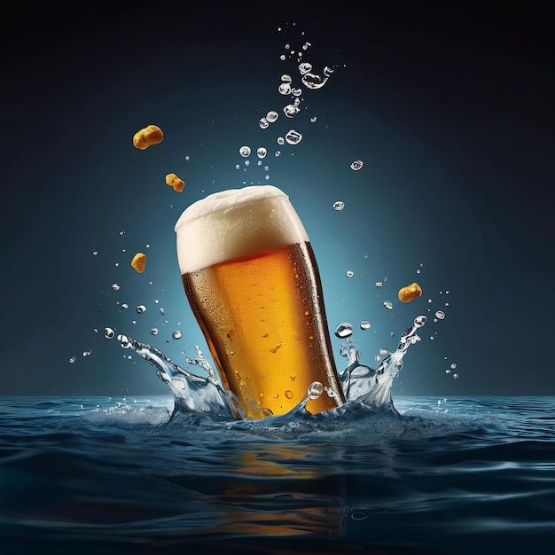 a beer is splashing into the water with the words beer