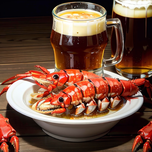 Beer mug and boiled crayfish