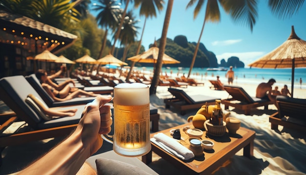 Beer mug in hand of tourist relaxing on a beach with lounge and some cafe outdoor of Asia