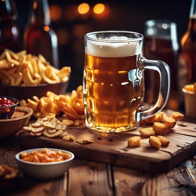 Beer mug with snacks on the wooden table