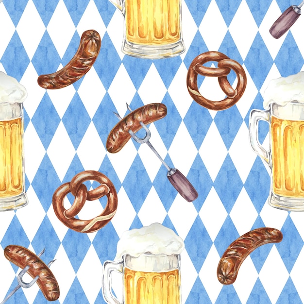 Photo beer mugs pretzels and sausages on bavarian flag background watercolor seamless pattern ideal for party supplies event invitations