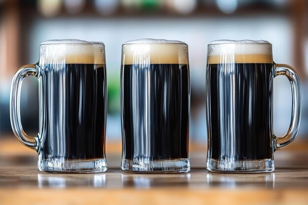 Photo beer mugs with foam on a wooden table in a lively bar