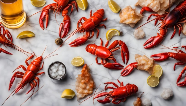 Beer party Still life with crayfish crawfish on marble background