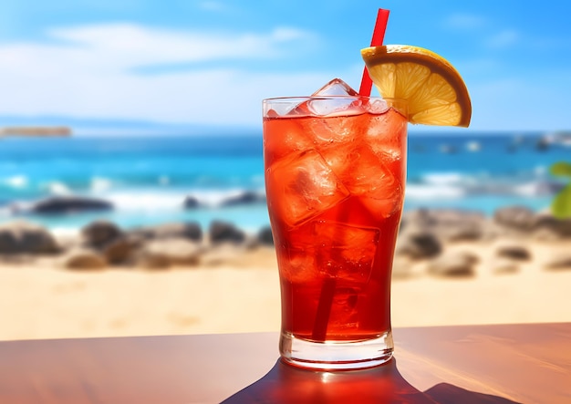 Beer red cocktail and tropical drink with sea at a sunny day in summer