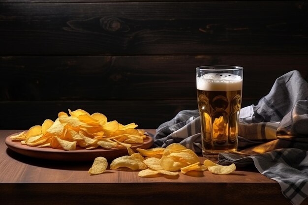 Photo beer snacks and potato chips on table