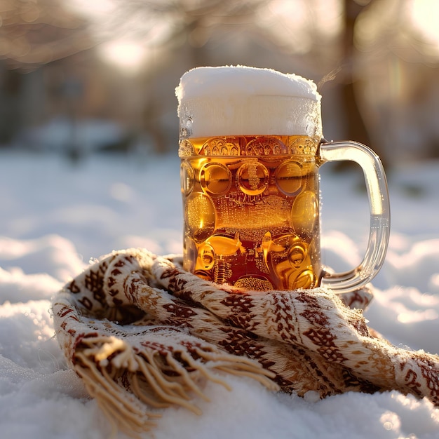 Beer on the snow bit tilted with scarf Cold beer high quality AI generated image