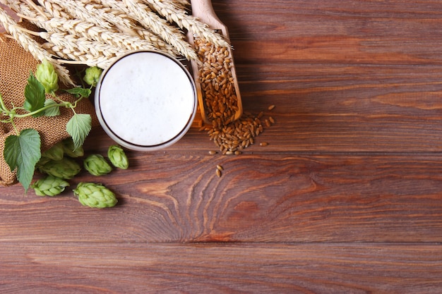 Beer wheat and hops on the table