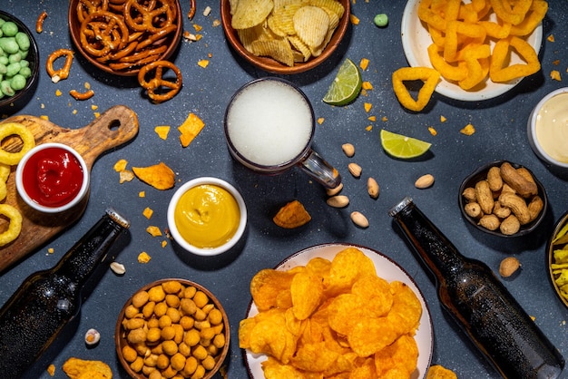 Beer with various snacks