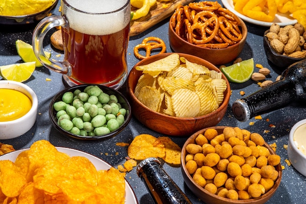 Beer with various snacks