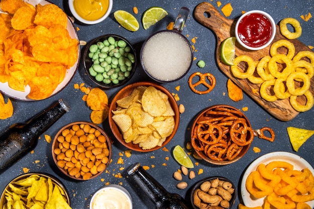 Beer with various snacks