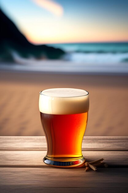 Beer on wooden table with blurred beach background