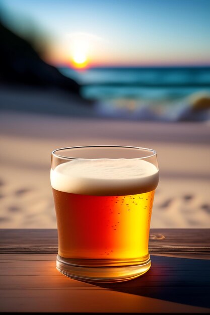 Beer on wooden table with blurred beach background