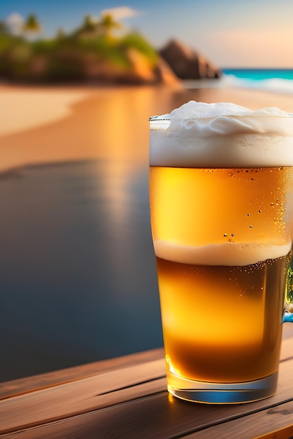 Beer on wooden table with blurred beach background