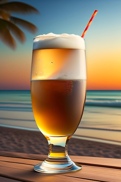 Beer on wooden table with blurred beach background