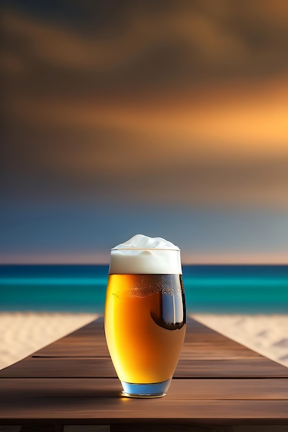 Beer on wooden table with blurred beach background