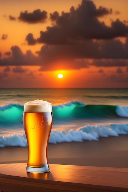 Beer on wooden table with blurred beach background