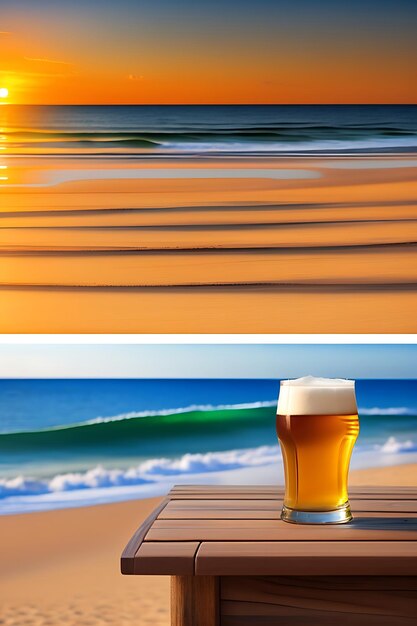 Beer on wooden table with blurred beach background