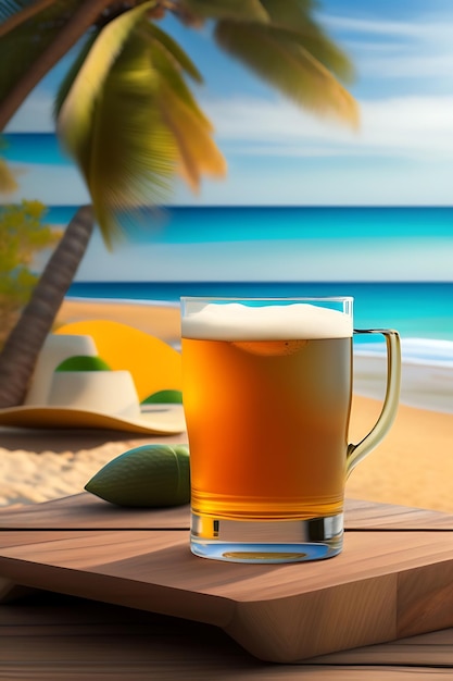 Beer on wooden table with blurred beach background