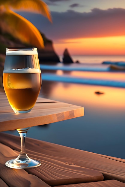 Beer on wooden table with blurred beach background