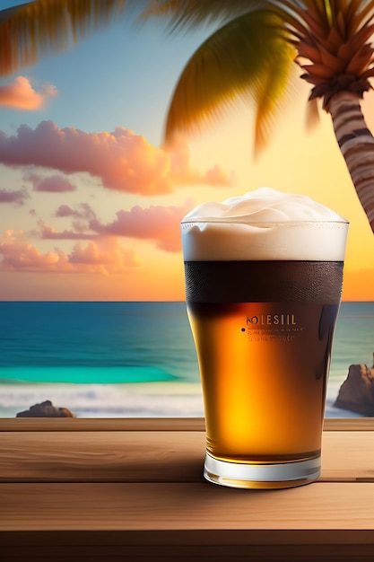 Beer on wooden table with blurred beach background