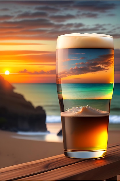 Beer on wooden table with blurred beach background