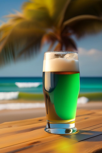 Beer on wooden table with blurred beach background