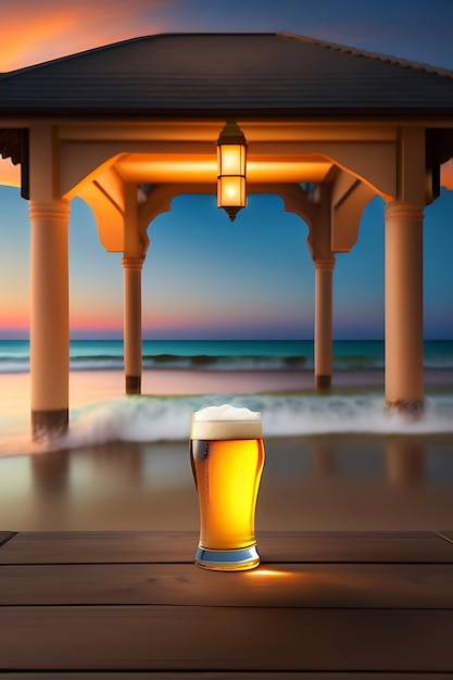 Beer on wooden table with blurred beach background