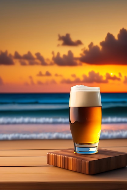 Beer on wooden table with blurred beach background