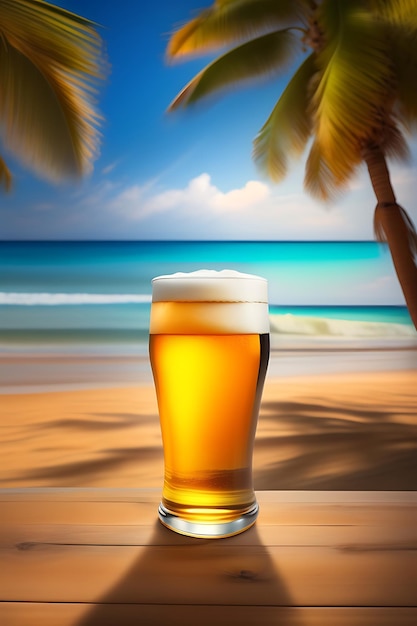 Beer on wooden table with blurred beach background