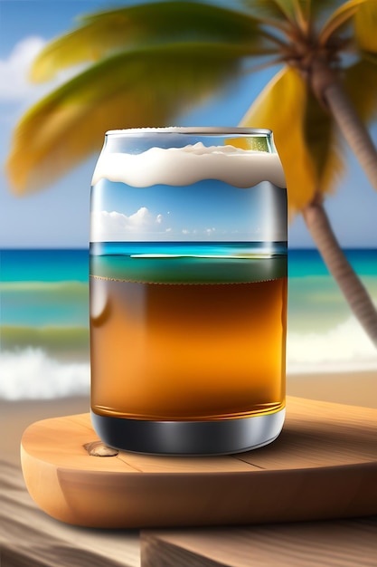 Beer on wooden table with blurred beach background