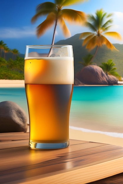 Beer on wooden table with blurred beach background