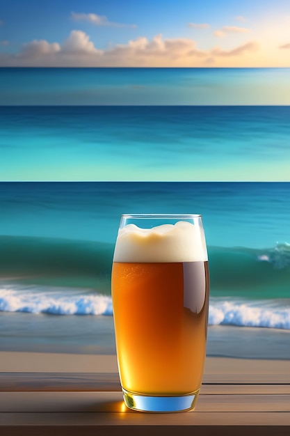 Beer on wooden table with blurred beach background