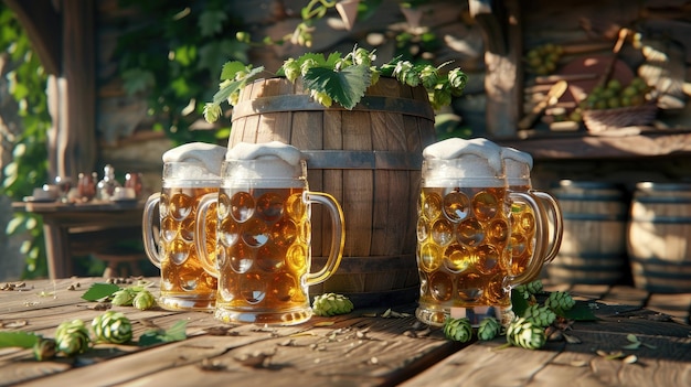 Photo beers and beer mugs displayed in front of a wooden barrel against a backdrop of a brown wooden wall with wheat ears accentuating the rustic ambiance