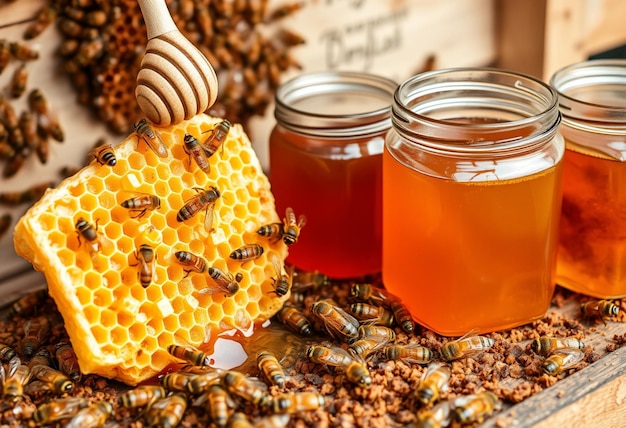 Photo bees are being made by honey on a table