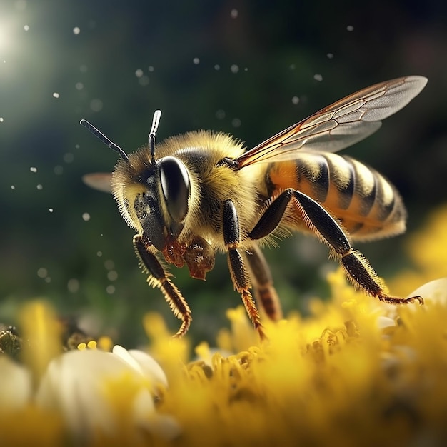 Bees are collecting honey from natural flowers images Generative AI