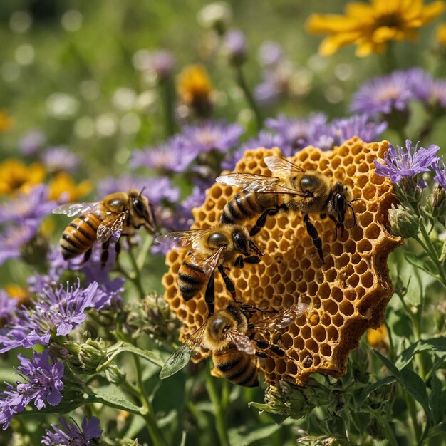 Photo bees are in a field of purple flowers and yellow flowers