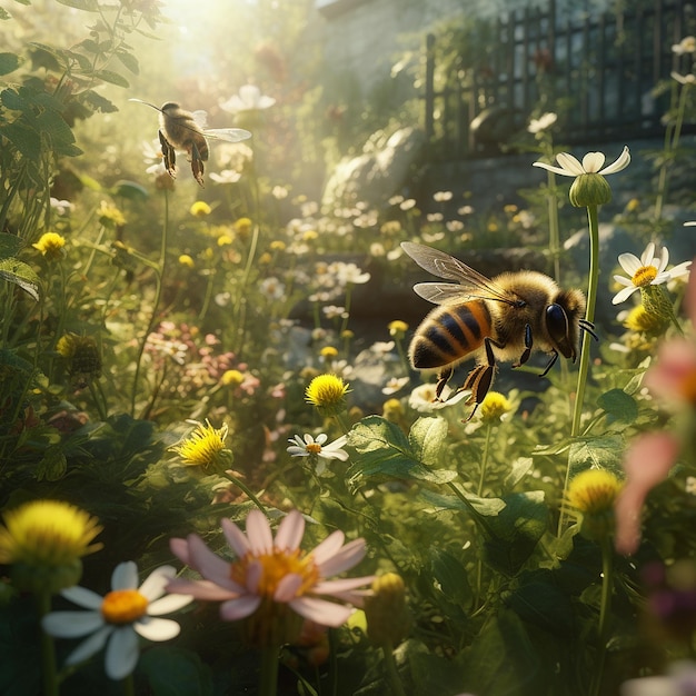 Bees are flying and drinking honey flower garden images Generative AI