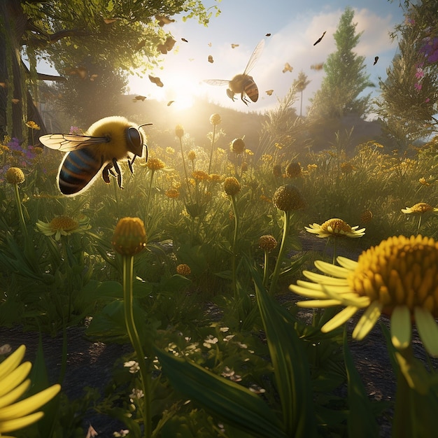 Bees are flying and drinking honey flower garden images Generative AI