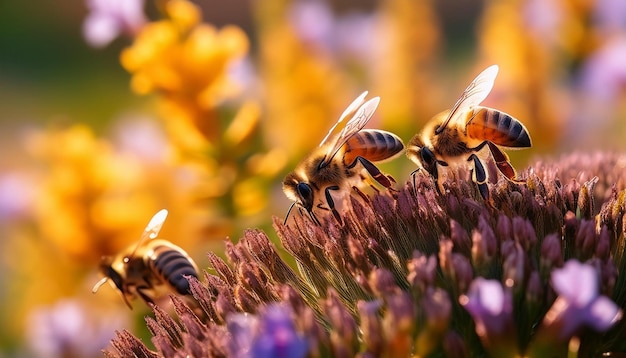 bees are gathering on a purple flower with yellow flowers