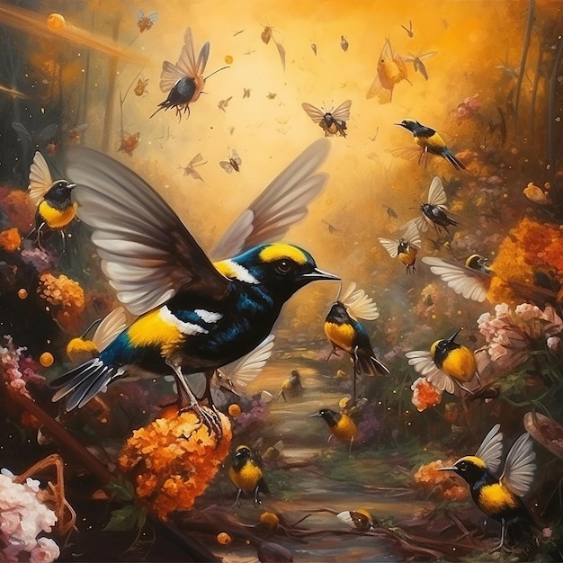 Bees and birds Abstract figurative paint flying Generative AI