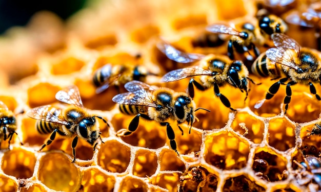 bees collect honey in a flower meadow honeycomb Selective focus