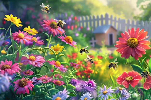 Photo bees collecting nectar in a colorful flower garden with various blooming flowers